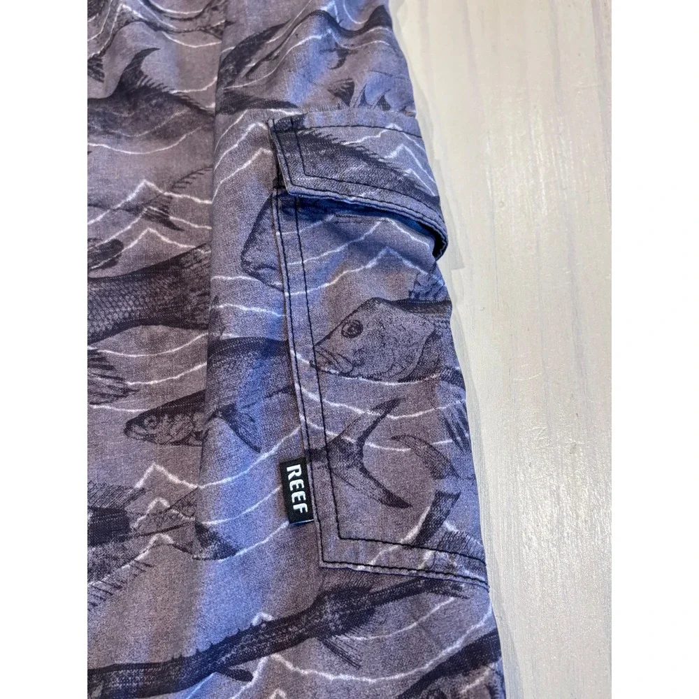 Reef Mens Fish Print Board Shorts Gray Black Performance‎ Surf Swim Trunks 36-37